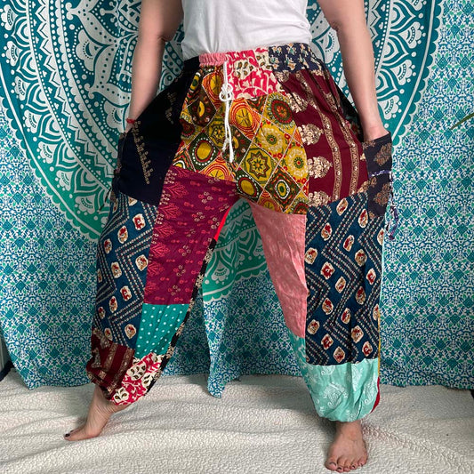 Patchwork Drawstring Cotton Pants with Front Pocket