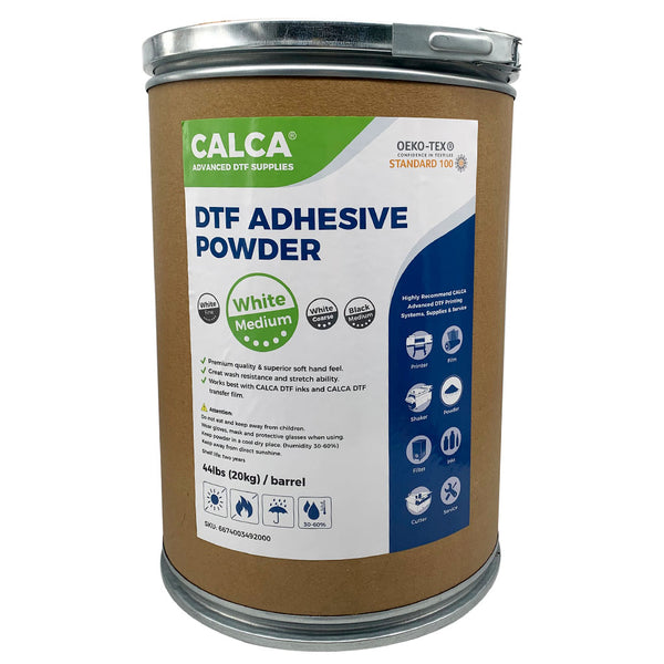 CALCA Direct to Film TPU DTF Powder, Digital Transfer Hot Melt Adhesive Powder (44lbs , 20kg/Barrel, Medium, White)