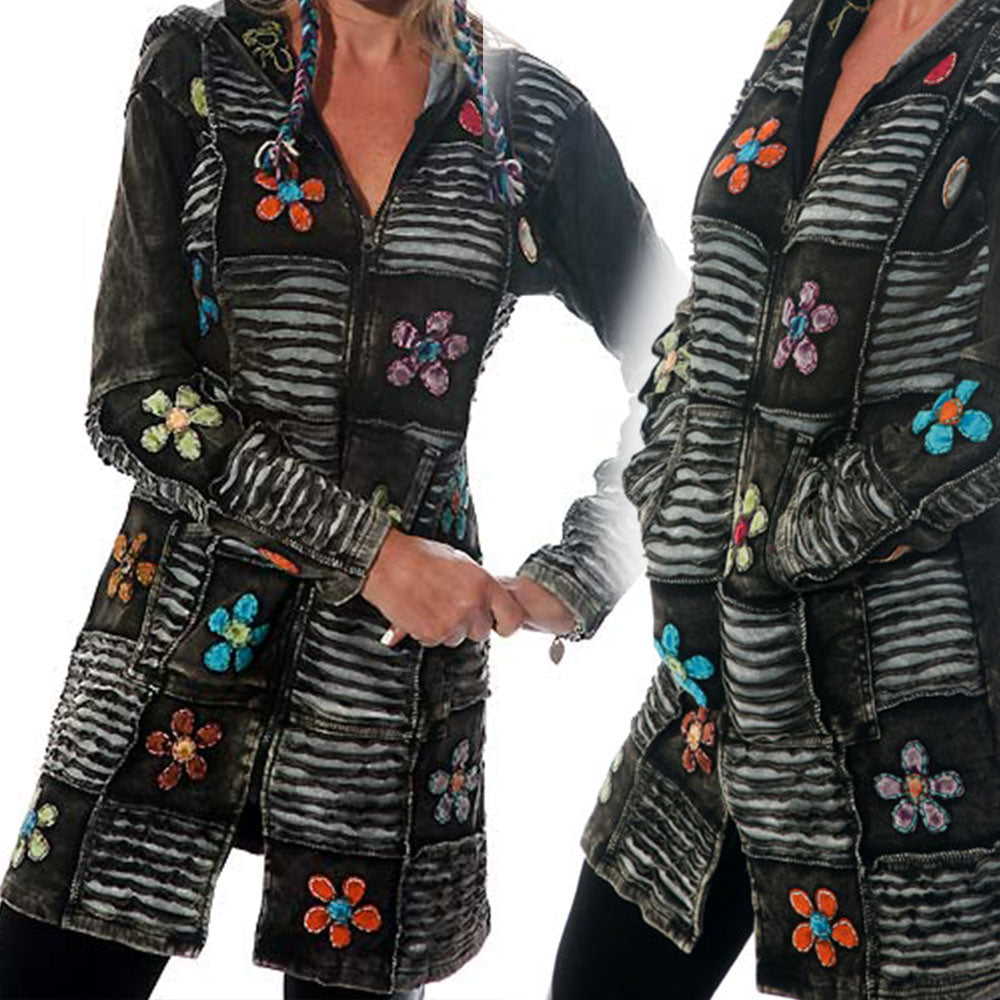 Hippie Chic Flower Long Black Hoodie Medium Hoodies | Jackets