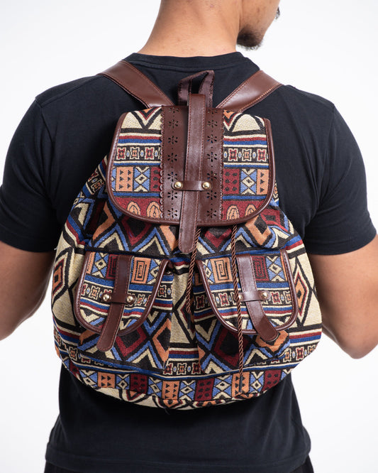 Tribal Woven Fabric with Faux Leather Backpack 04