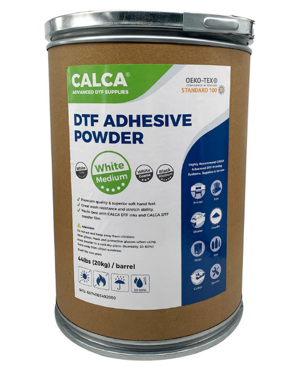 CALCA Direct to Film TPU DTF Powder, Digital Transfer Hot Melt Adhesive Powder (44lbs , 20kg/Barrel, Medium, White)