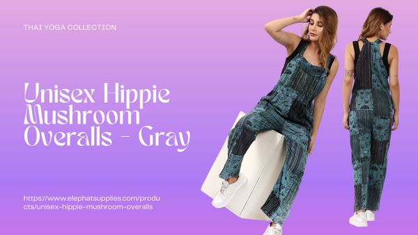 Woman wearing gray 'Unisex Hippie Mushroom Overalls' with promotional text on a purple background