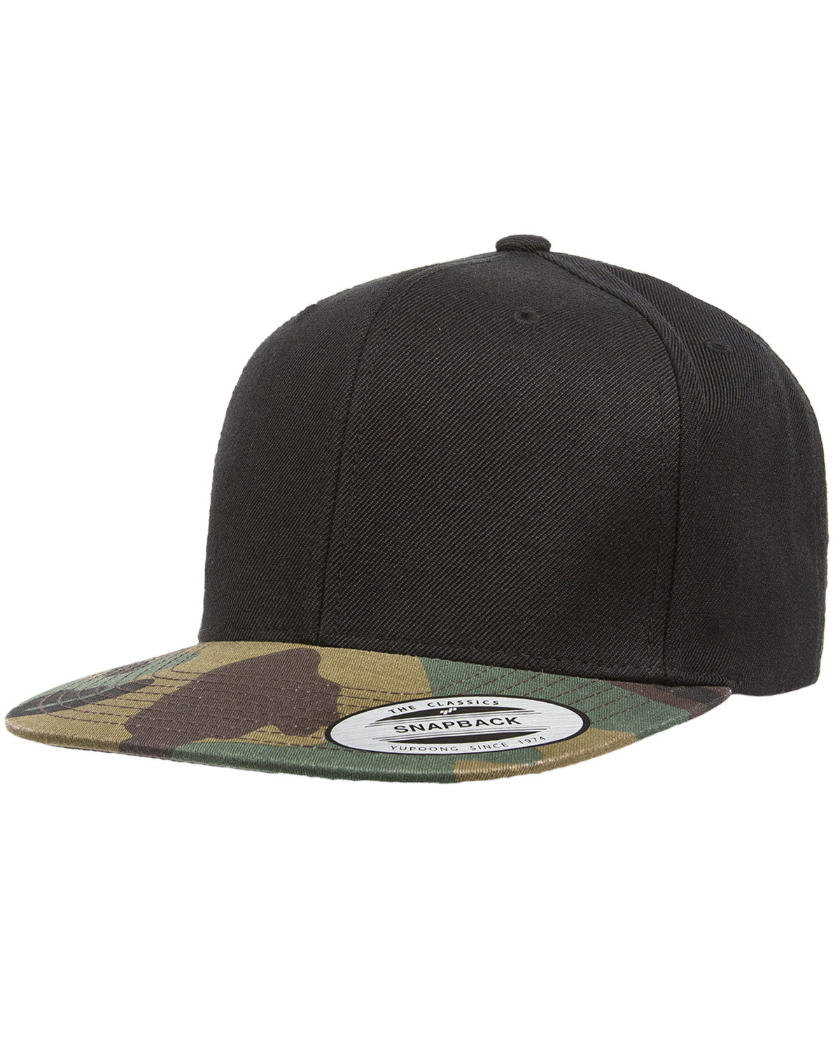 Black hat with camo, tan, brown and black brim. Front view. 