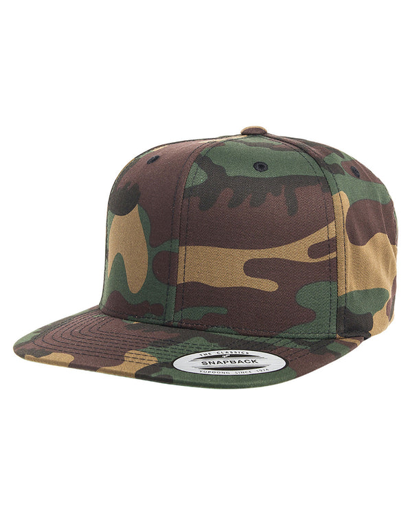 Camo, tan, brown and black hat and brim. Front view.