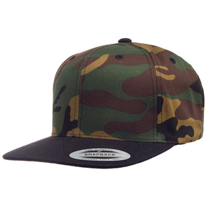 Camo, tan, brown and black hat with black brim. Front view.
