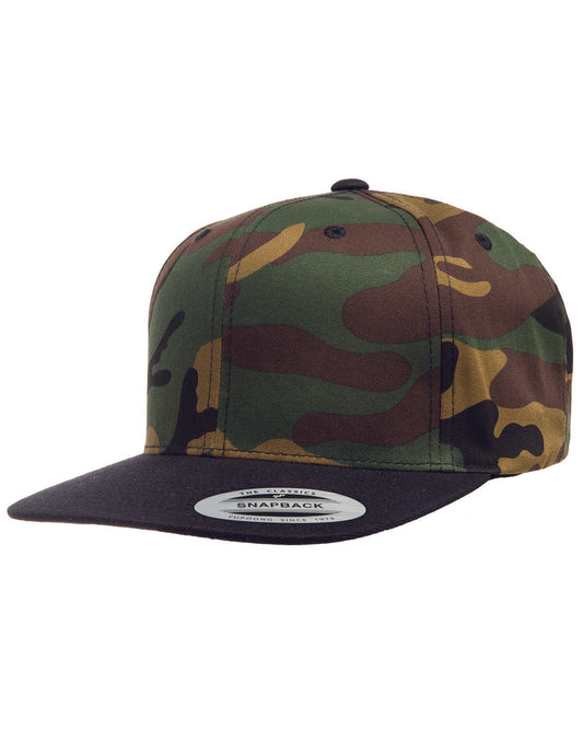 Camo, tan, brown and black hat with black brim. Front view.
