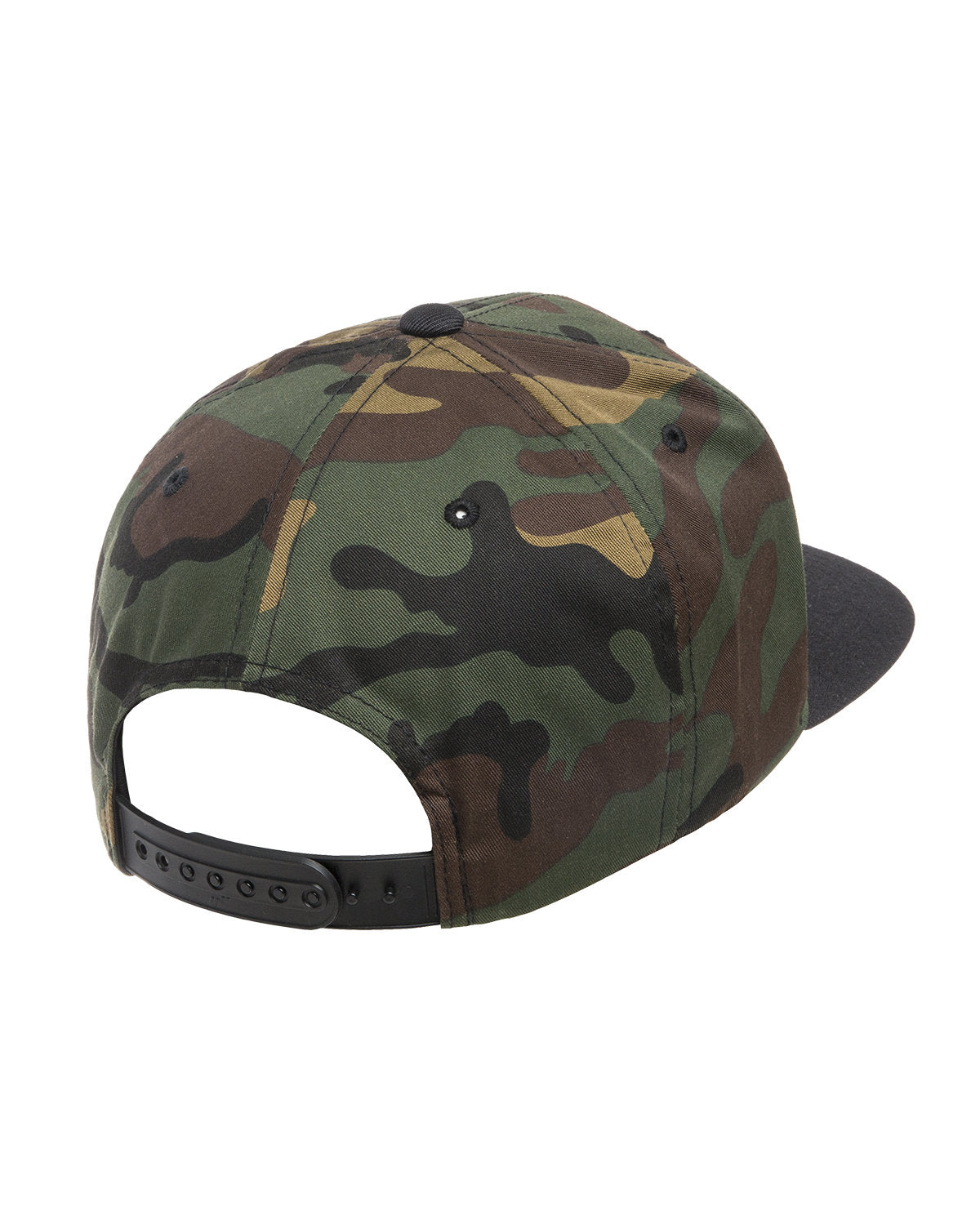 Camo, tan, brown and black hat with black brim.  Snap back view.