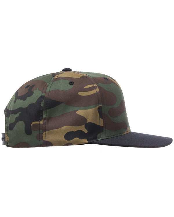 Camo, tan, brown and black hat with black brim.  Side view