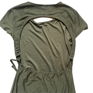 dusty olive derek heart cap sleeve open back dress close up