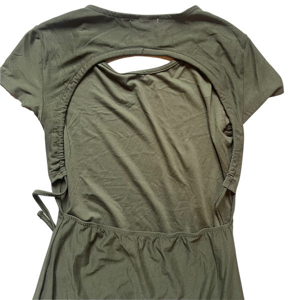 dusty olive derek heart cap sleeve open back dress close up