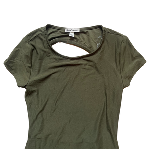 dusty olive derek heart cap sleeve open back dress close up front view