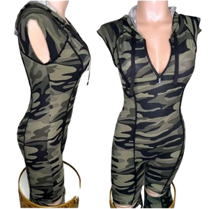 Camo zipper romper close up