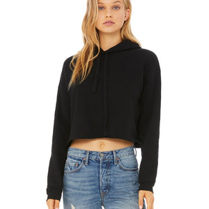 Black cropped fleece hoodie, front view.