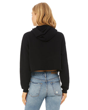 Black cropped fleece hoodie, back view.