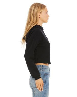 Black cropped fleece hoodie, side view.