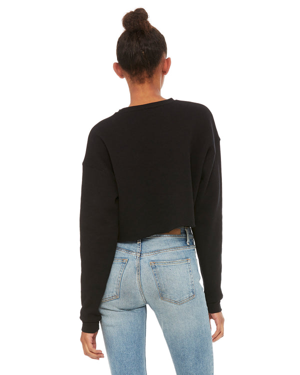Black cropped top crew. Back view.