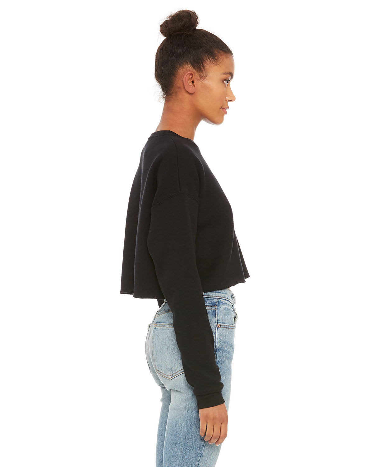 Black cropped top crew. Side view.