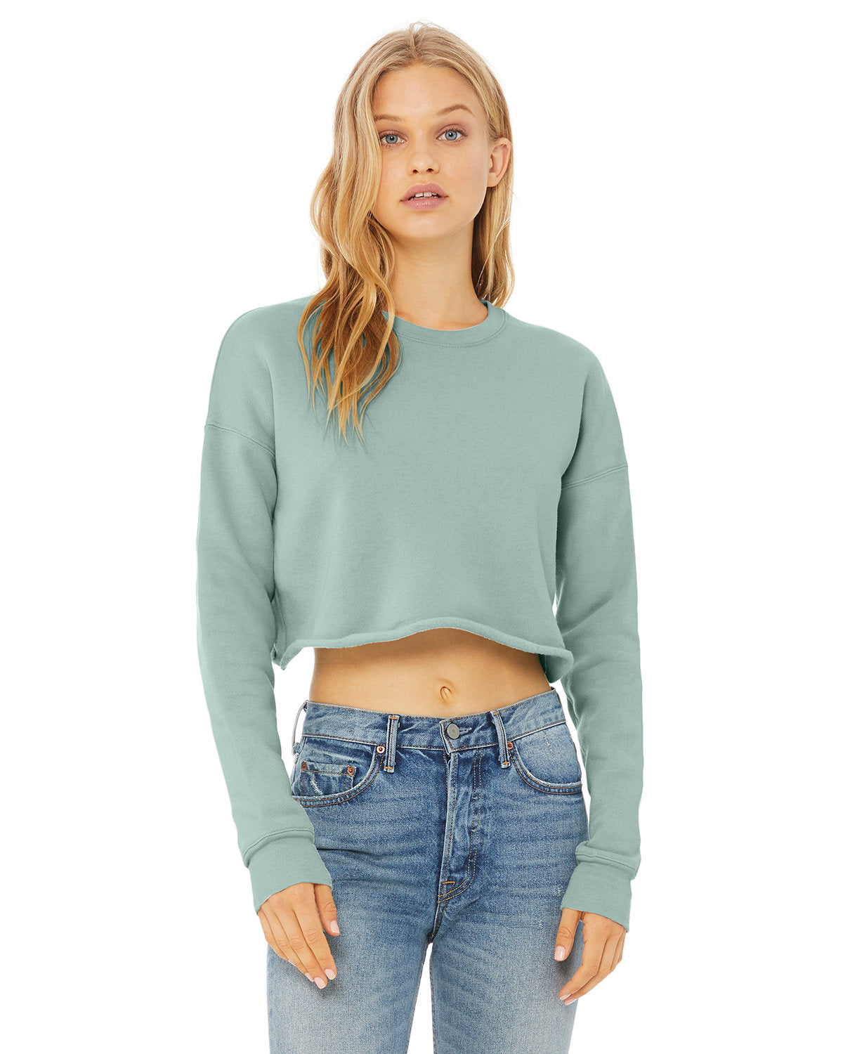 Dusty Blue cropped top crew. Front view.