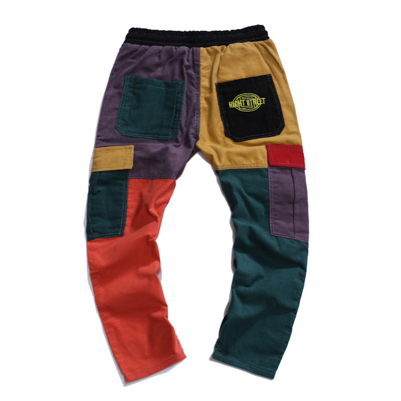 Drawstring Corduroy Patchwork Colorful Fashion Cargo Pants
