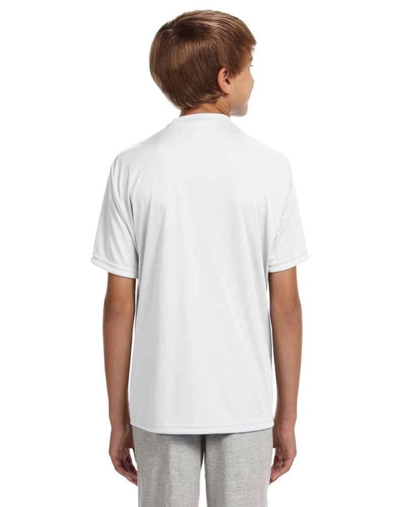 White t-shirt, back view.