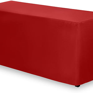 Red fitted tablecloth, view from corner.